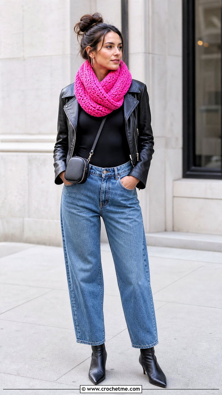 Twisted Infinity Crochet Cowl Scarf With Leather Jacket - 35 crochet cowell scarf outfit ideas