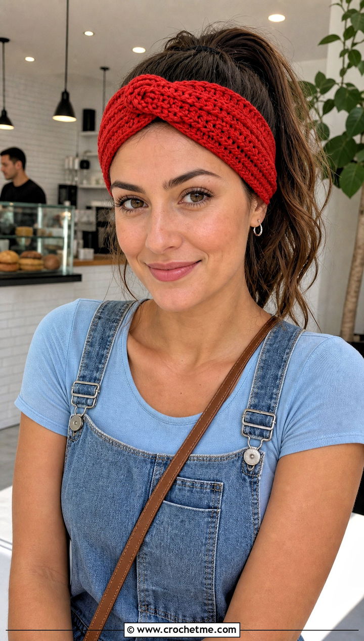 Twisted Knot Crochet Headband With Denim Overalls - 15 summer crochet headband outfit ideas