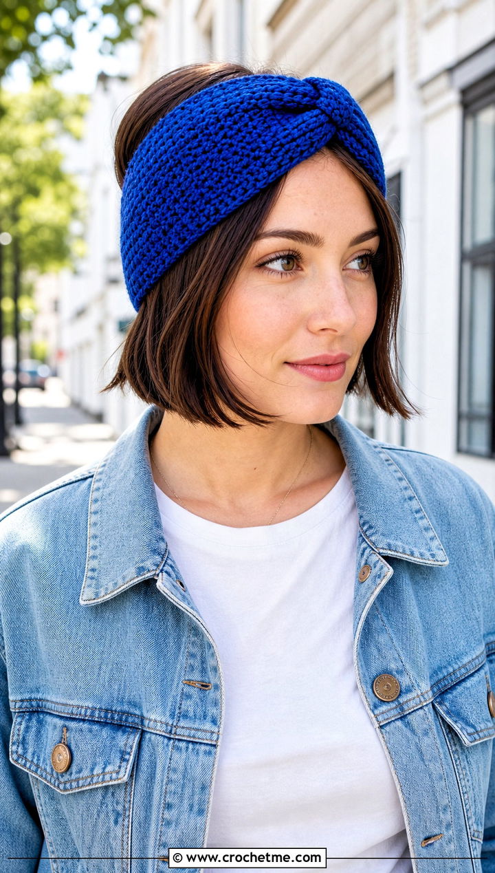Twisted Knot Crochet Headband With T Shirt And Jeans - 25 crochet headband for short hair outfit ideas