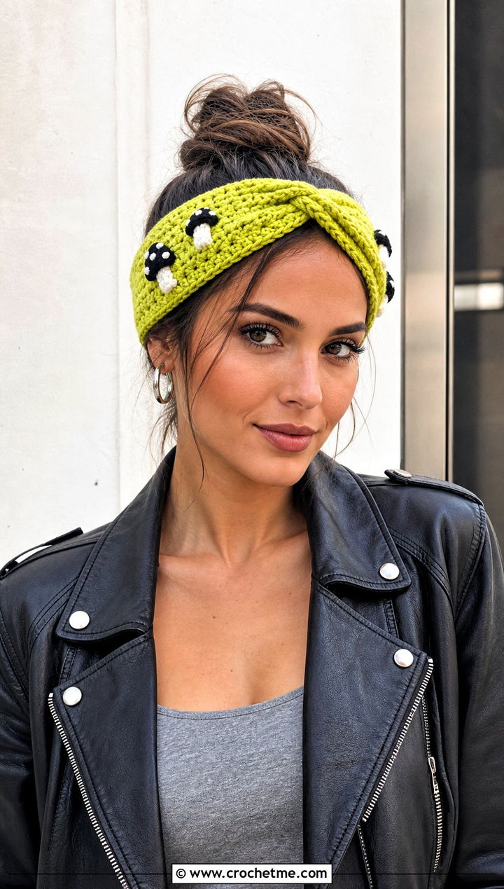 Twisted Knot Mushroom Headband With Leather Jacket - 25 mushroom crochet headband outfit ideas