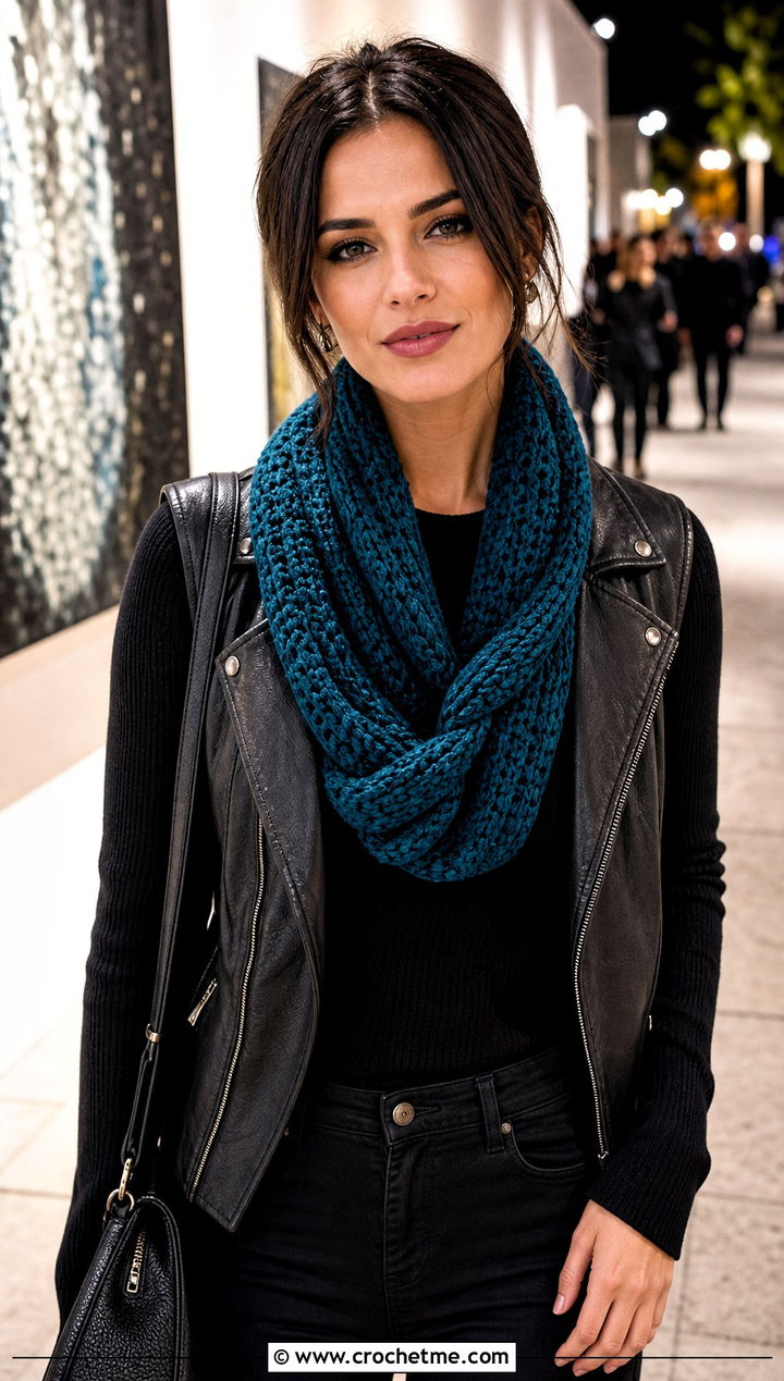 Twisted Loop Crochet Infinity Scarf With Moto Vest - 30 crochet infinity scarves outfit ideas