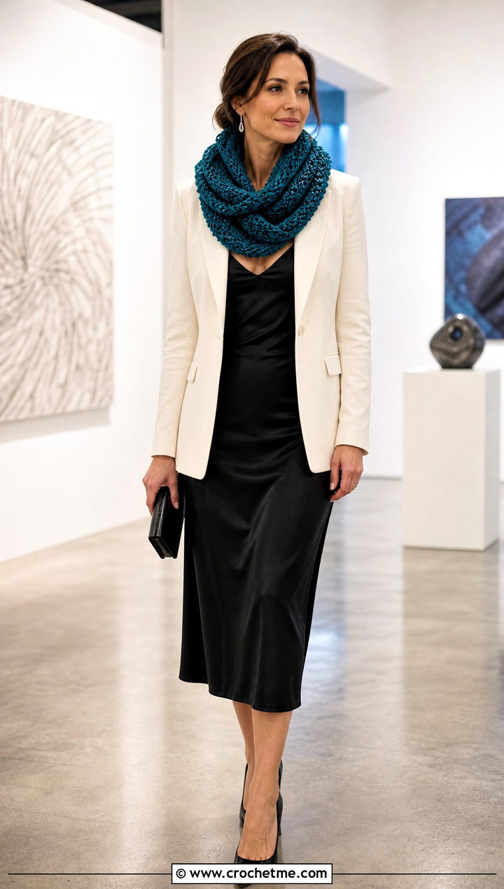 Twisted Loop Moss Stitch Scarf With Slip Dress And Blazer - 35 crochet moss stitch scarf outfit ideas