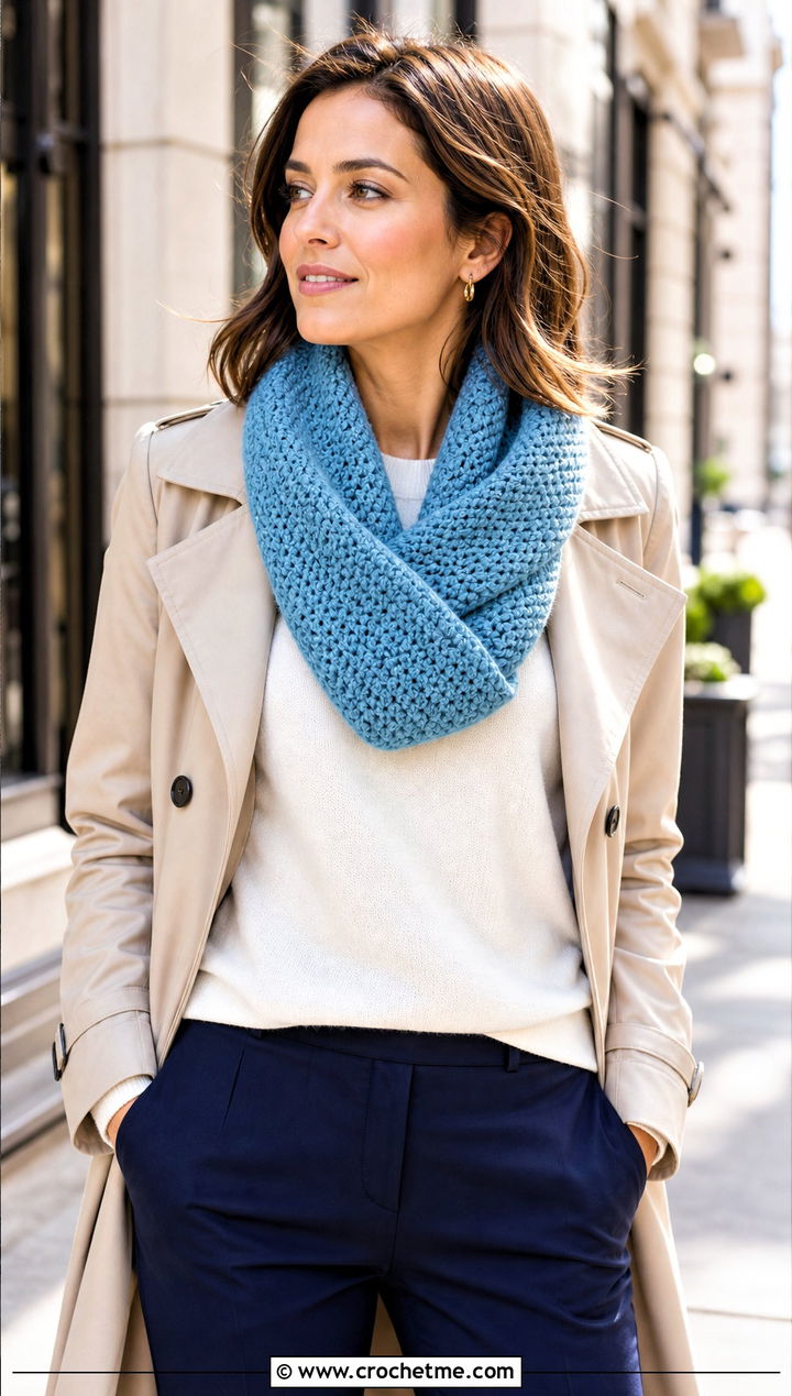 Twisted Mbius Infinity Scarf With Trench Coat - 30 easy crochet infinity scarf outfit ideas