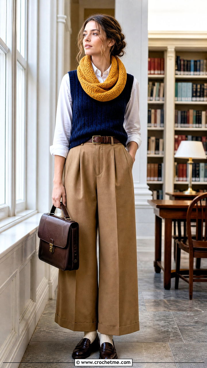Twisted Mobius Crochet Cowl With Sweater Vest - 35 crochet cowls outfit ideas