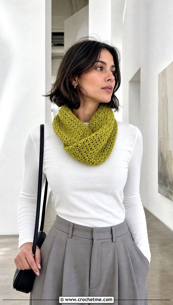 Twisted Mobius Crocheted Infinity Scarf With Minimalist Separates - 25 Crocheted Infinity Scarf outfit ideas