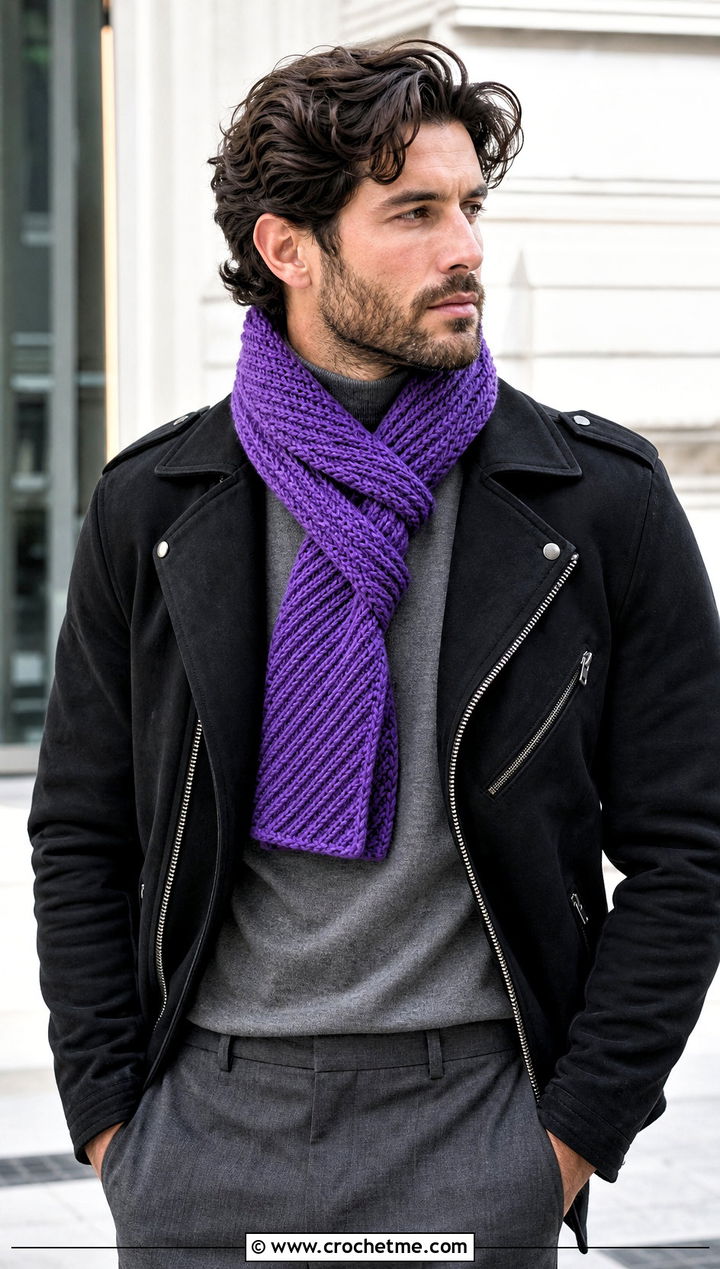 Twisted Rib Crochet Scarf With Moto Jacket - 30 Mens Crochet Scarf outfit ideas