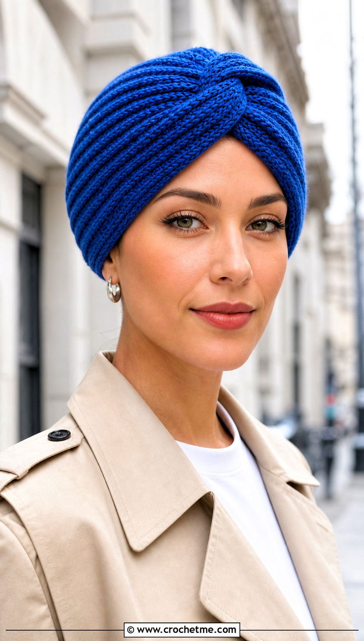 Twisted Rib Crochet Turban Hat With Trench Coat - 15 crochet turban style hat outfit ideas