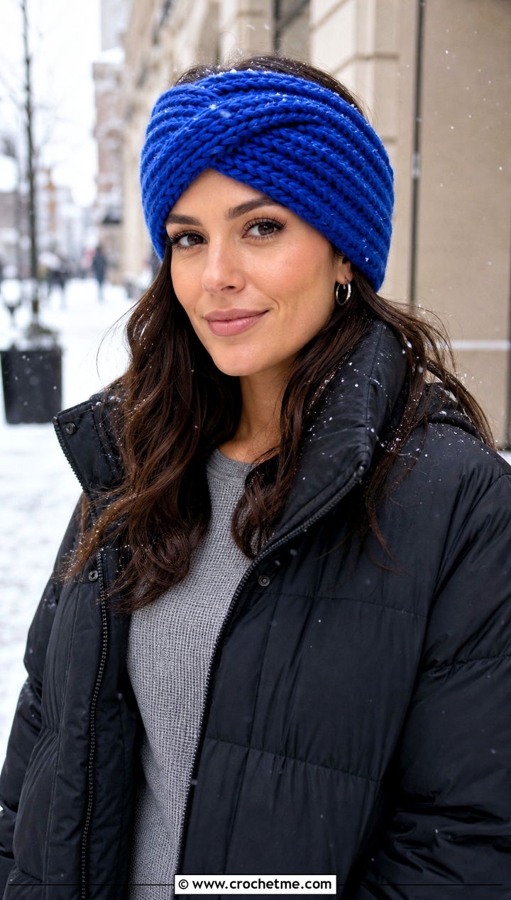Twisted Ribbed Bulky Yarn Crochet Ear Warmer With Puffer Coat - 20 Bulky Yarn Crochet Ear Warmer outfit ideas