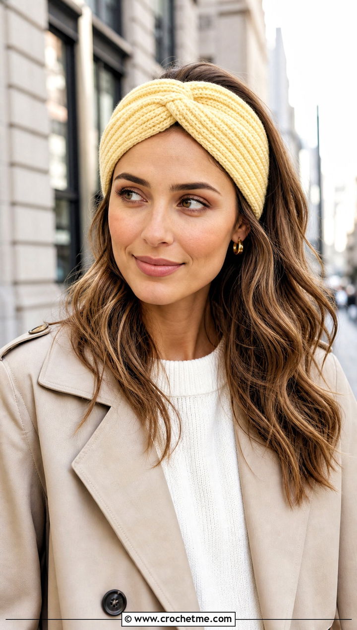 Twisted Ribbed Crochet Ear Headband With Trench Coat - 30 crochet ear headband outfit ideas