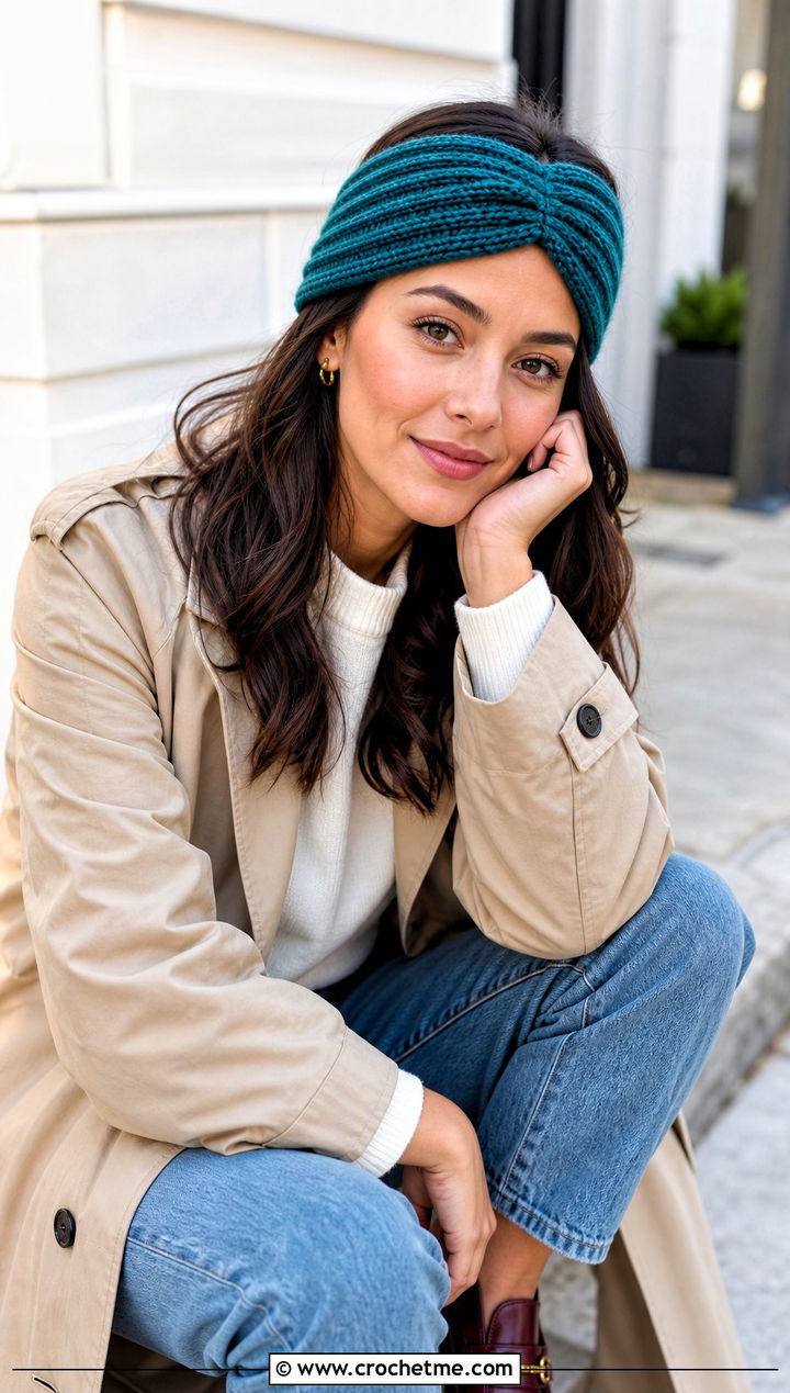 Twisted Ribbed Crochet Headband With Trench Coat - 15 Cozy Ribbed Crochet Headband outfit ideas