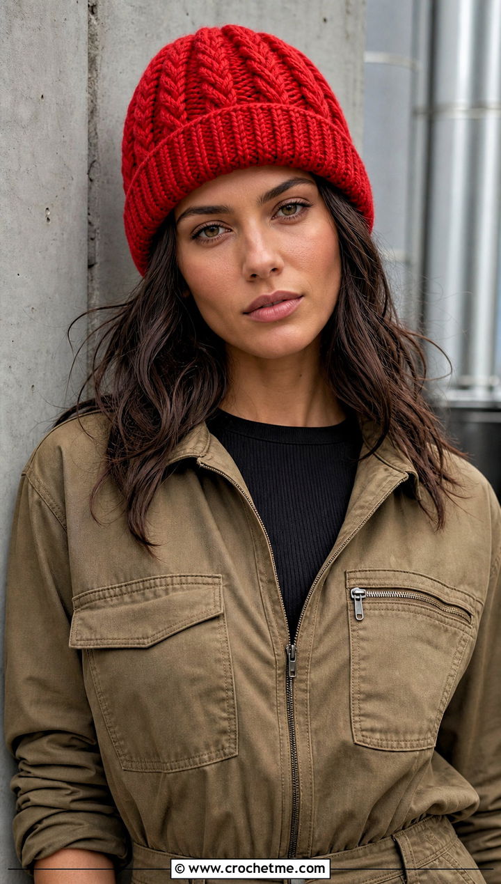 Twisted Rope Cable Crochet Beanie With Utility Jumpsuit - 15 cabled crochet beanie design outfit ideas
