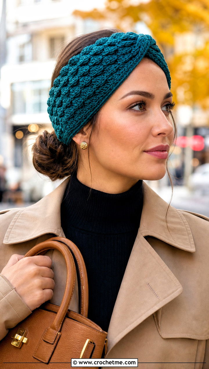 Twisted Shell Crochet Mermaid Headband With Trench Coat - 20 Crochet Mermaid Headband outfit ideas