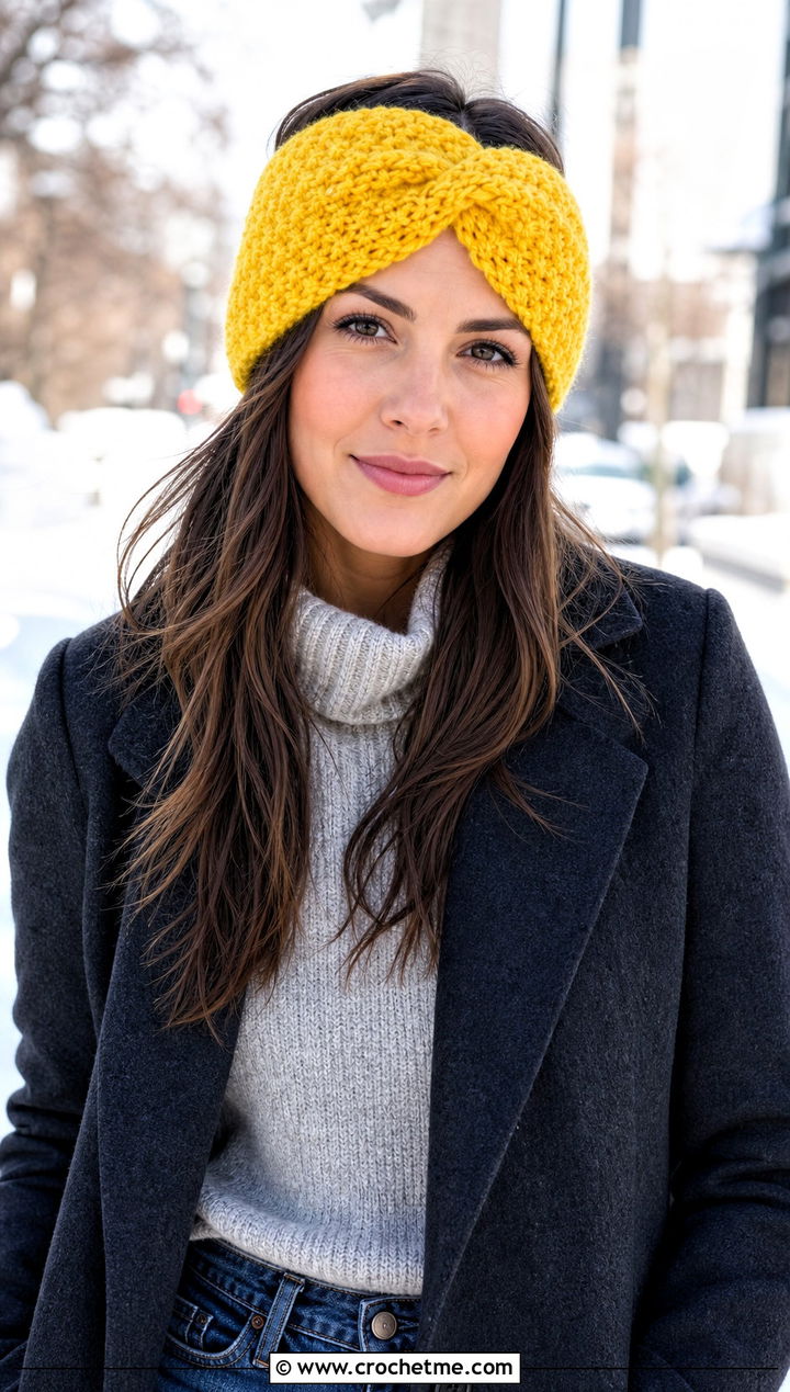 Twisted Star Stitch Ear Warmer With Wool Coat And Jeans - 15 Crochet Star Stitch Ear Warmer outfit ideas