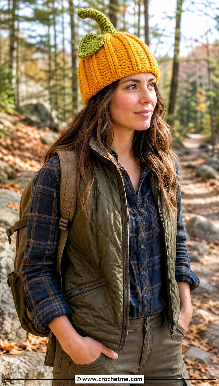 Twisted Stem Crochet Pumpkin Beanie With Quilted Vest - 30 crochet pumpkin beanie outfit ideas