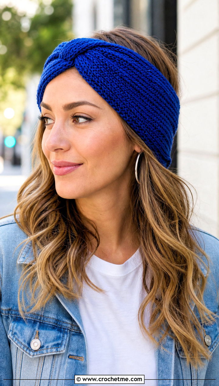 Twisted Tunisian Knit Stitch Headband With Denim Jacket - 30 tunisian crochet headband outfit ideas