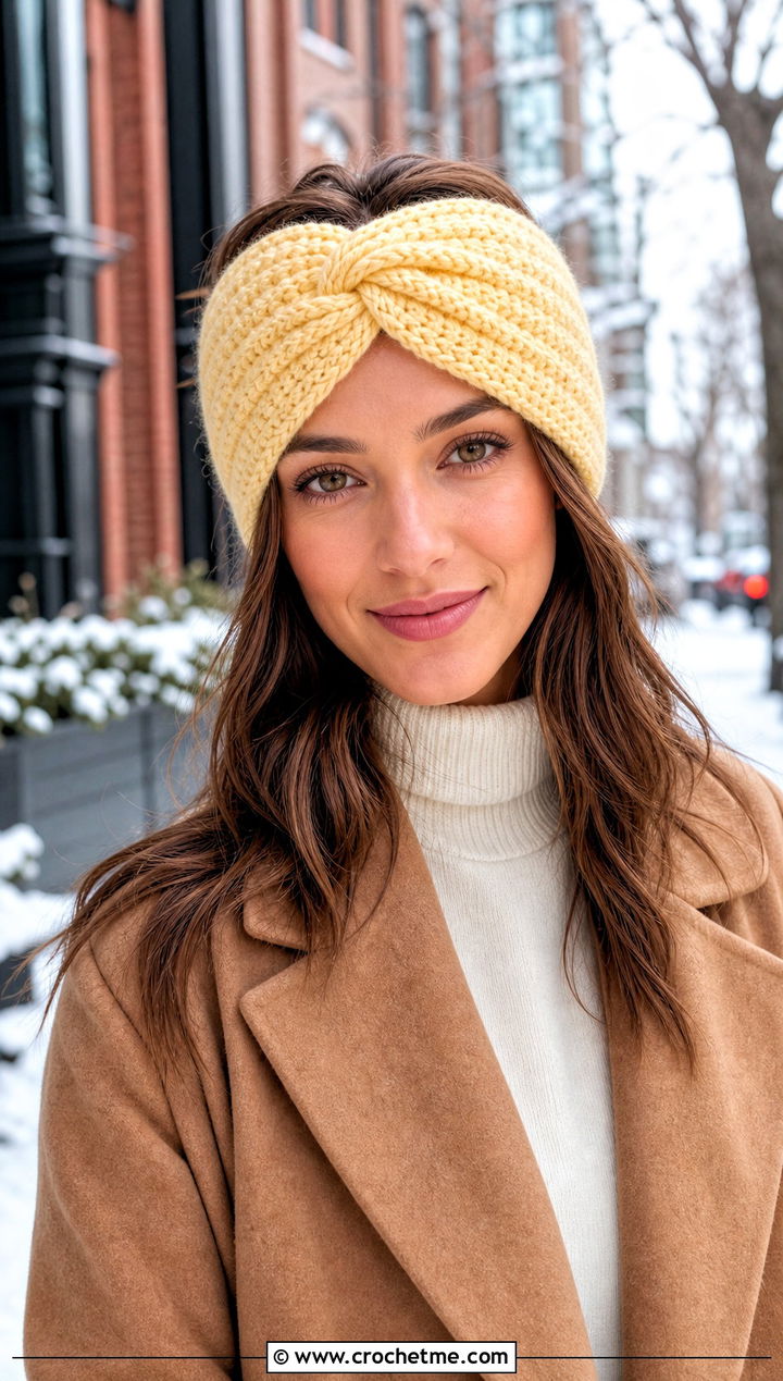 Twisted Turban Crochet Ear Warmer With Wool Coat And Jeans - 15 Easy Crochet Headband Ear Warmers outfit ideas