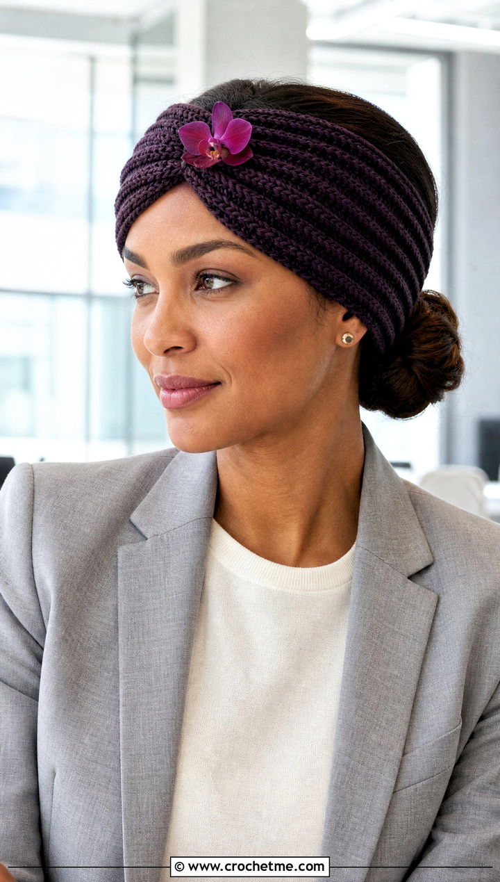 Twisted Turban Crochet Headband With Blazer And Trousers Outfit - 15 crochet headband with purple flower outfit ideas