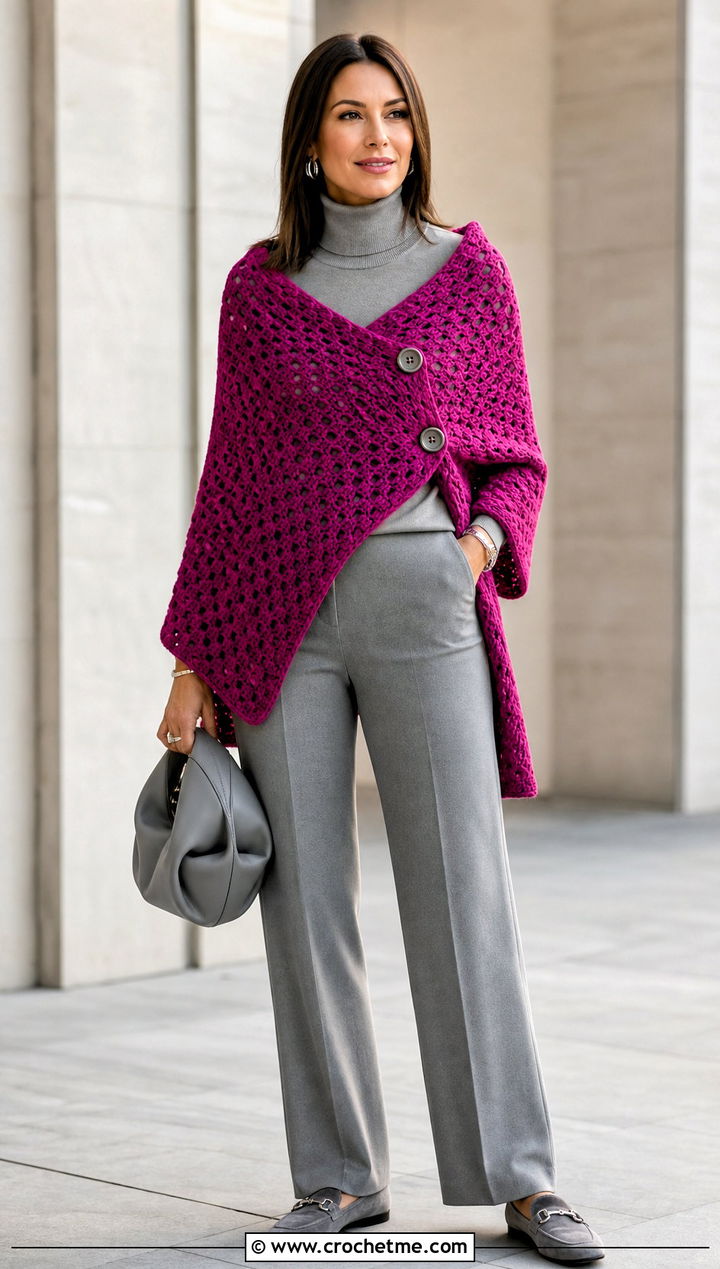 Two Button Convertible Crochet Wrap With Monochrome Basics - 15 Buttoned Crochet Wrap outfit ideas