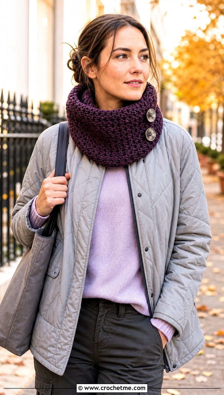 Two Button Neck Warmer Cowl With Quilted Jacket - 25 crochet button cowl outfit ideas
