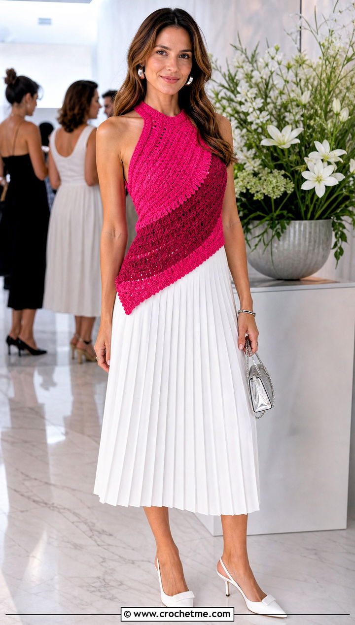 Two Color Asymmetrical Crochet Top With Pleated Midi Skirt - 35 two colors crochet top outfit ideas