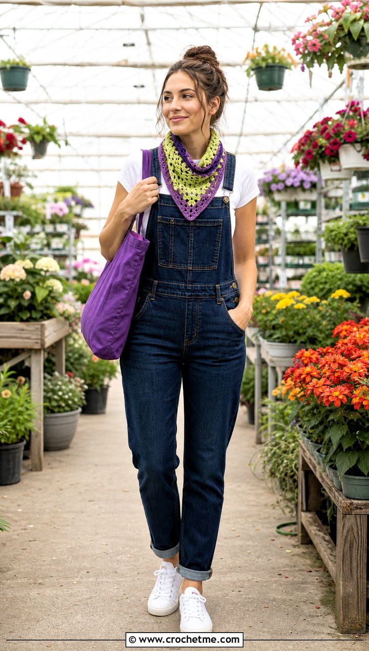 Two Color Bandana Crochet Scarf With Overalls - 35 two color crochet scarf outfit ideas