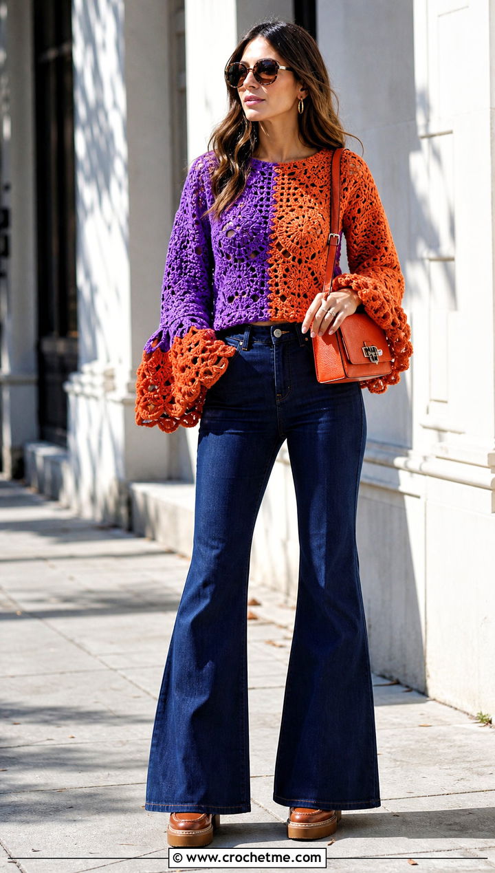 Two Color Bell Sleeve Crochet Top With Flared Jeans - 25 two colored crochet top outfit ideas