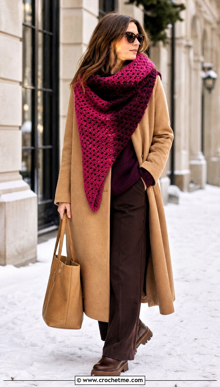 Two Color Blanket Crochet Scarf With Long Coat - 35 two color crochet scarf outfit ideas