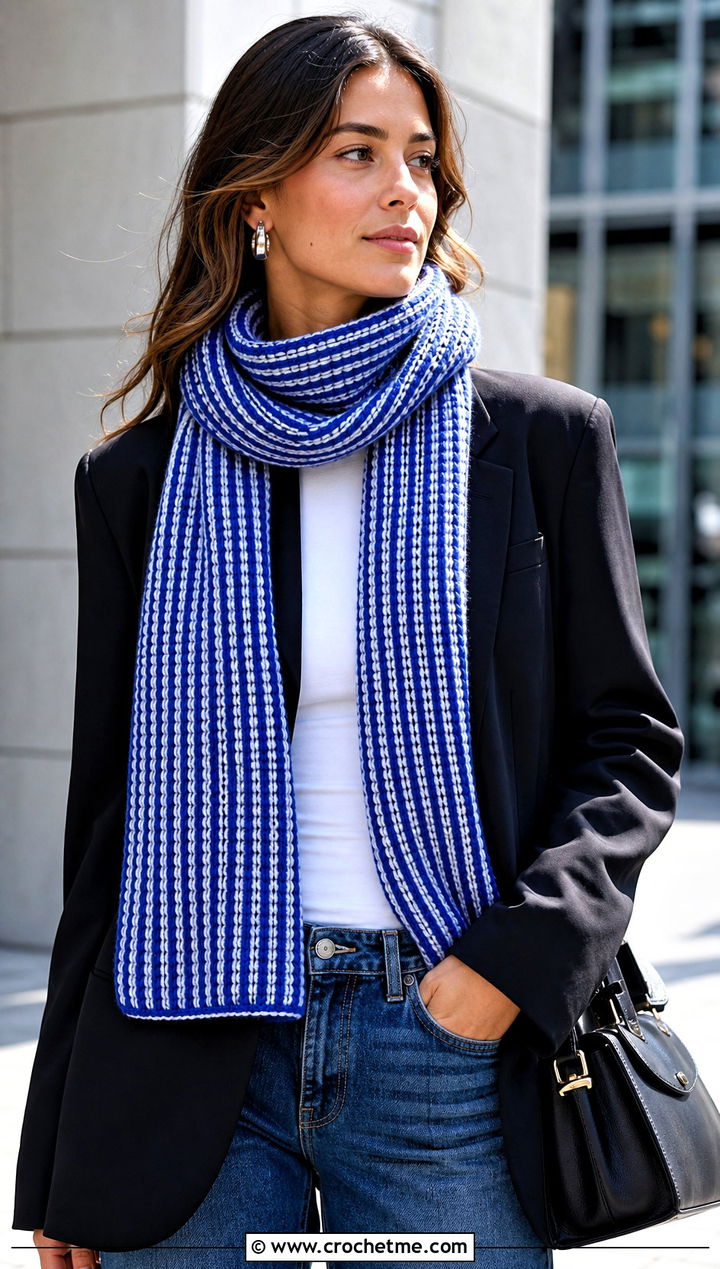 Two Color Brioche Crochet Scarf With Blazer And Jeans - 25 Brioche Crochet Scarf outfit ideas