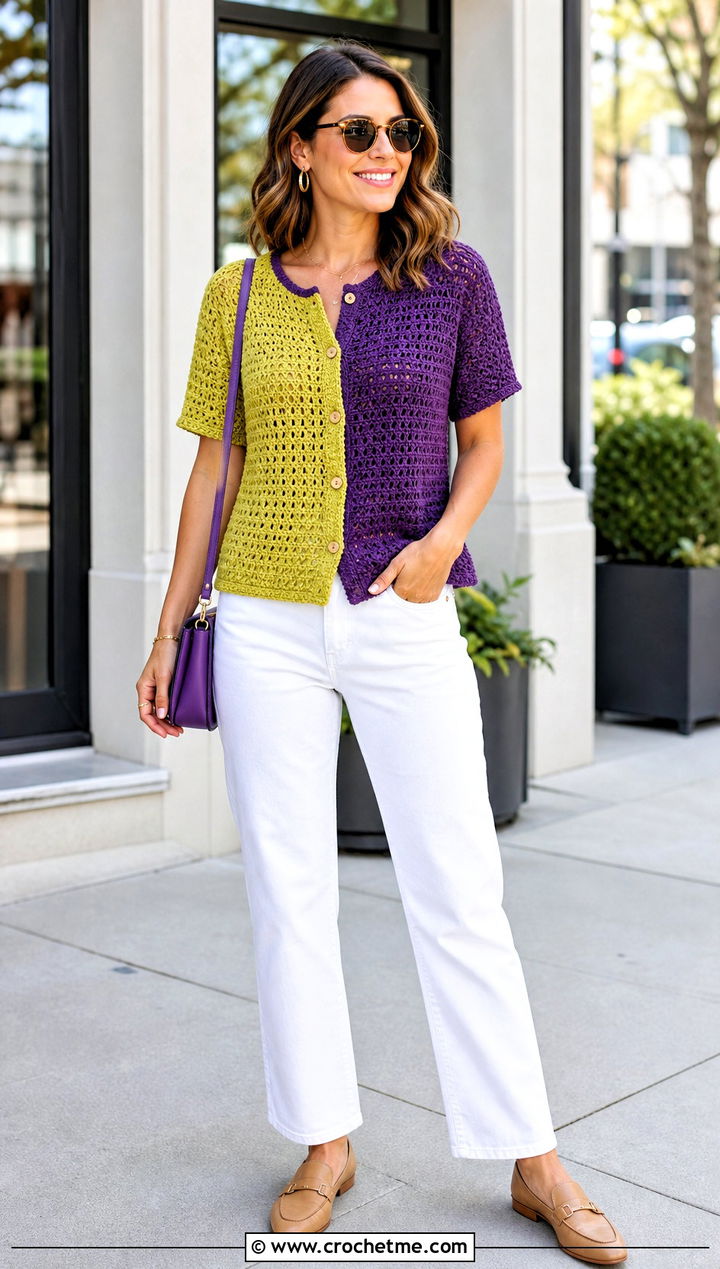 Two Color Button Front Crochet Top With White Jeans - 25 two colored crochet top outfit ideas