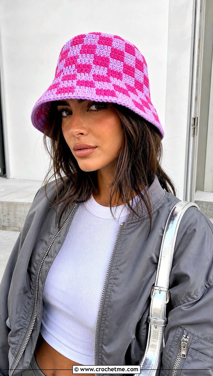 Two Color Checkerboard Crochet Bucket Hat With Cargo Pants - 30 two color crochet hat outfit ideas
