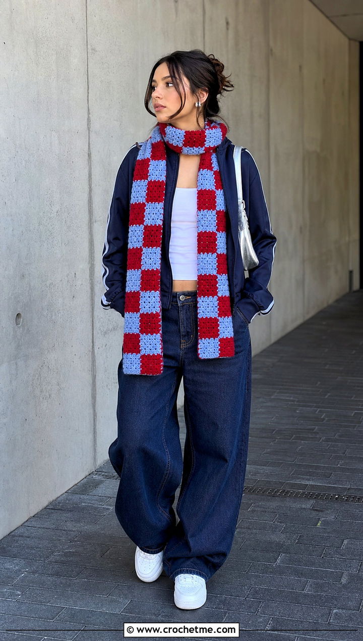 Two Color Checkerboard Crochet Scarf With Track Jacket - 35 two color crochet scarf outfit ideas