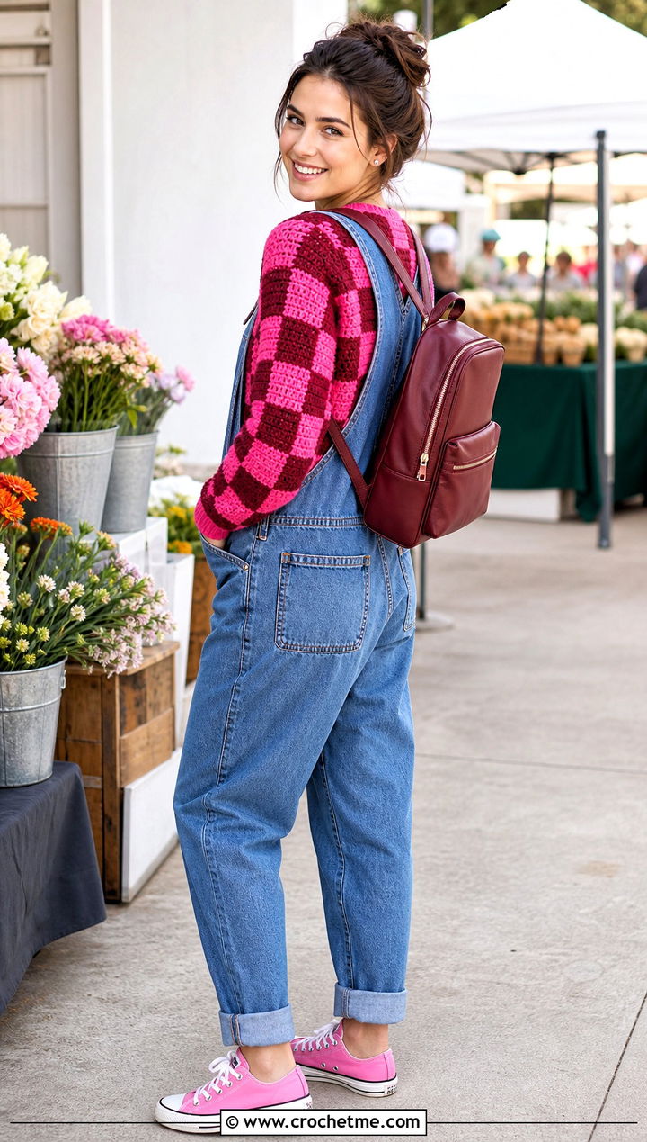 Two Color Checkerboard Crochet Top With Denim Overalls - 35 two colors crochet top outfit ideas