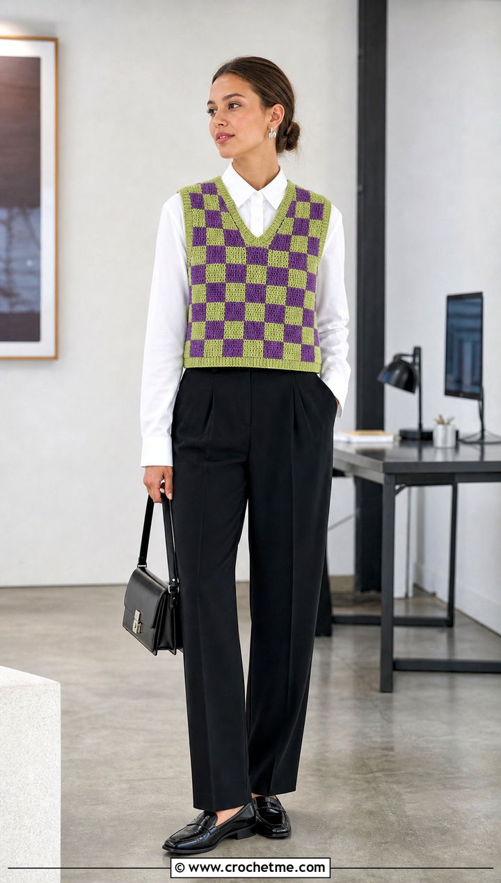 Two Color Checkerboard Crochet Vest With Tailored Trousers - 25 two colored crochet top outfit ideas