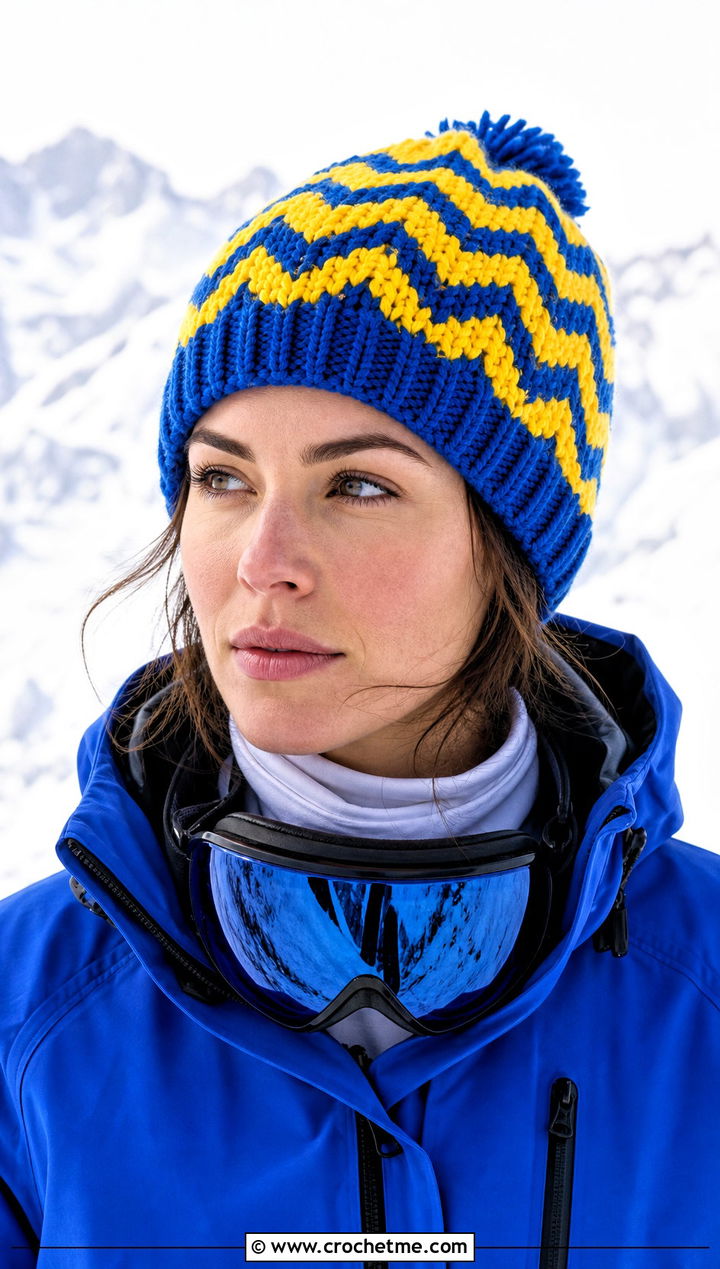 Two Color Chevron Crochet Beanie With Ski Jacket - 30 two color crochet hat outfit ideas