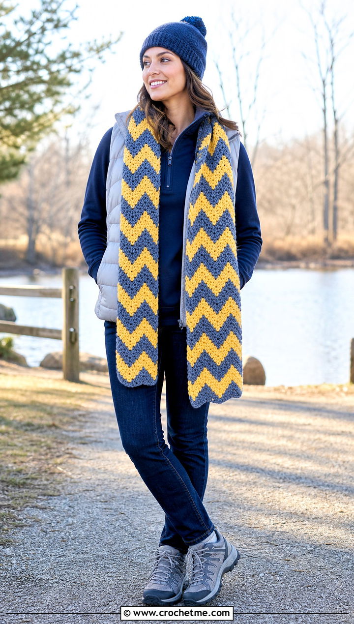 Two Color Chevron Crochet Scarf With Puffer Vest - 35 two color crochet scarf outfit ideas