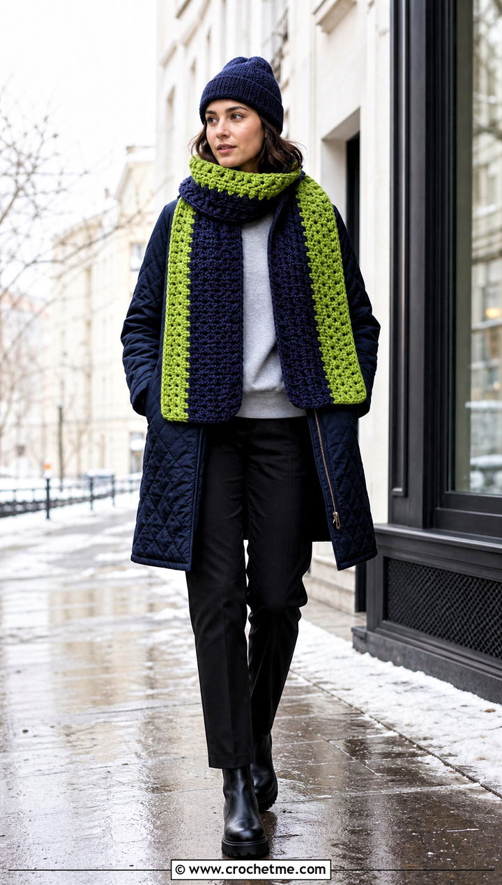 Two Color Chunky Crochet Scarf With Quilted Coat - 35 two color crochet scarf outfit ideas