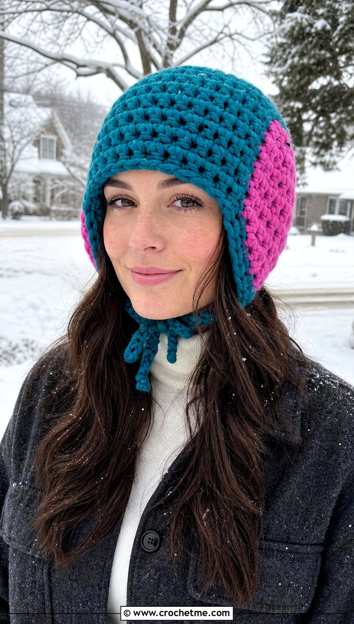 Two Color Chunky Crochet Trapper Hat With Winter Layers - 30 two color crochet hat outfit ideas