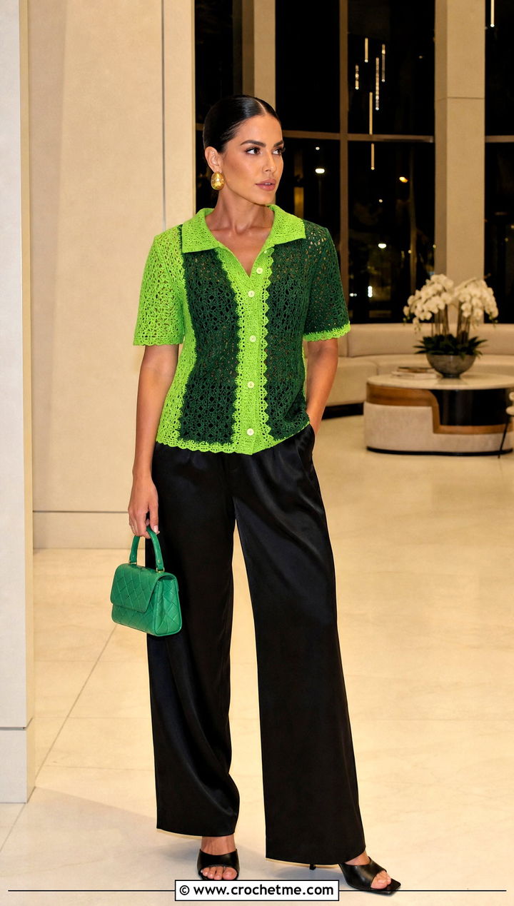 Two Color Collared Crochet Button Up Top With Satin Pants - 35 two colors crochet top outfit ideas