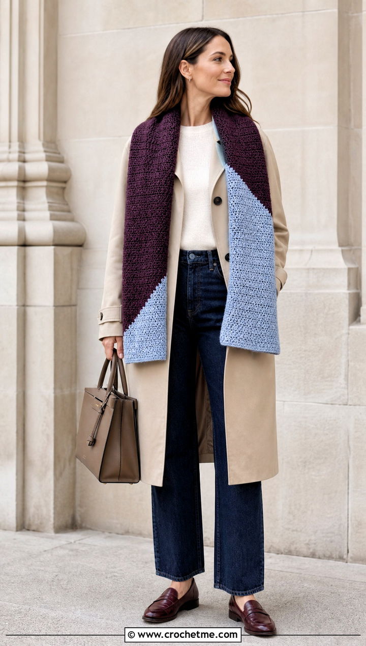 Two Color Color Block Crochet Scarf With Trench Coat - 35 two color crochet scarf outfit ideas
