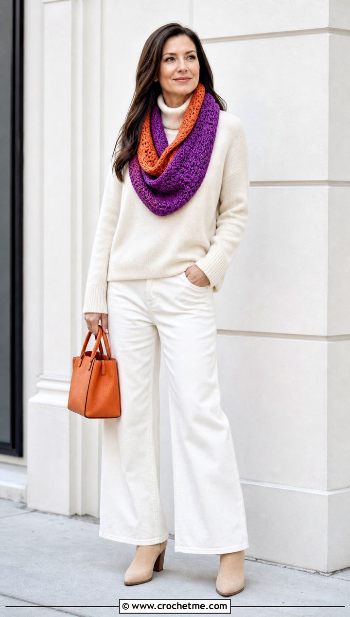 Two Color Cowl Crochet Scarf With Monochrome Outfit - 35 two color crochet scarf outfit ideas
