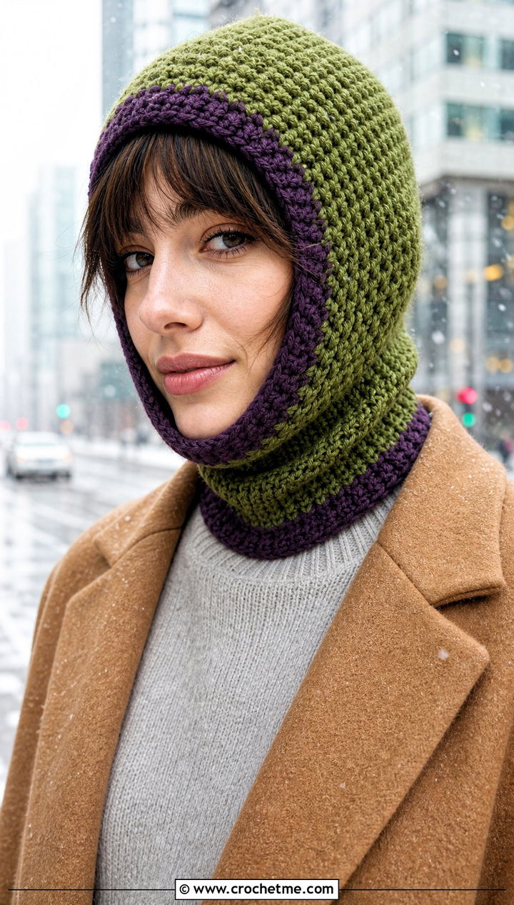 Two Color Crochet Balaclava Hat With Long Coat - 30 Two Colors Crochet Hat outfit ideas