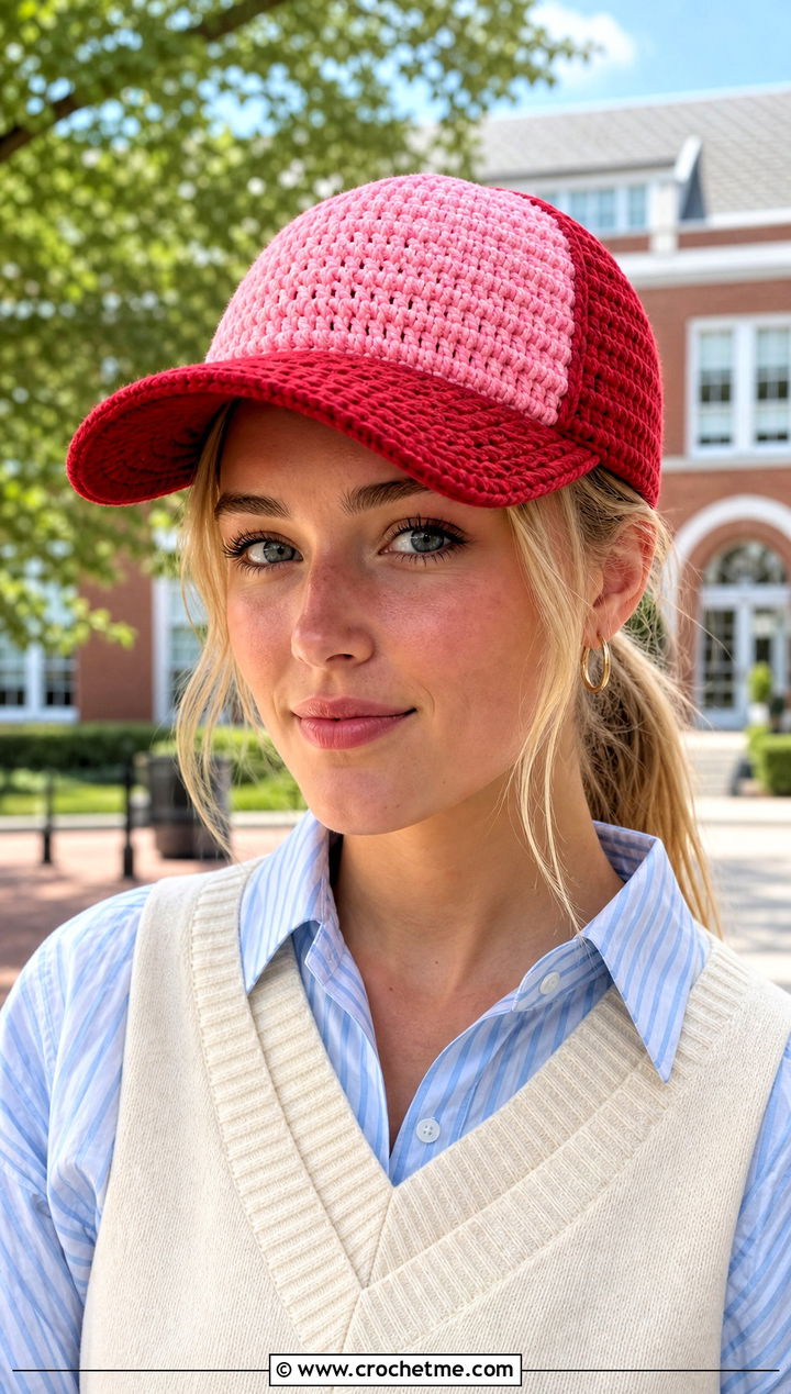 Two Color Crochet Baseball Cap With Preppy Layers - 30 two color crochet hat outfit ideas