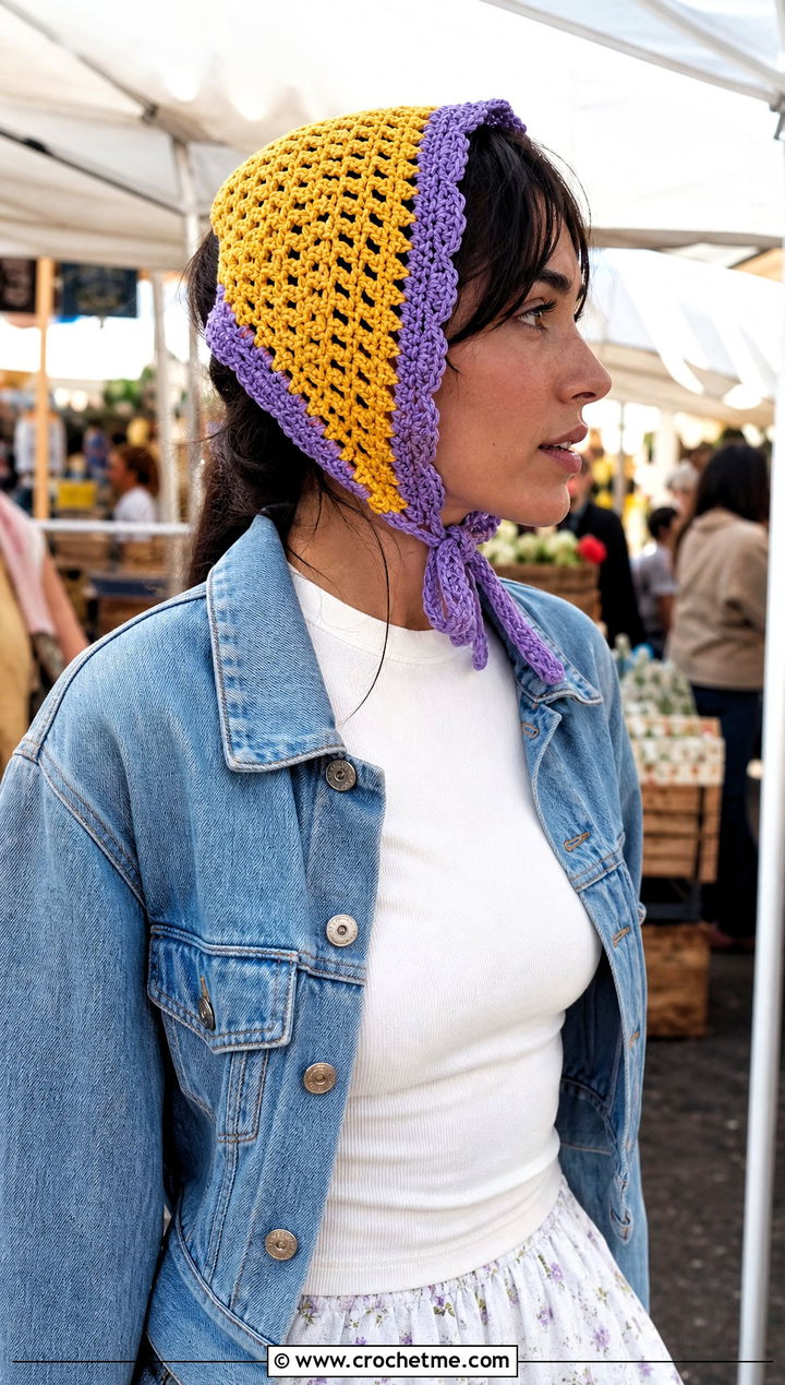 Two Color Crochet Bonnet With Midi Skirt - 30 two color crochet hat outfit ideas