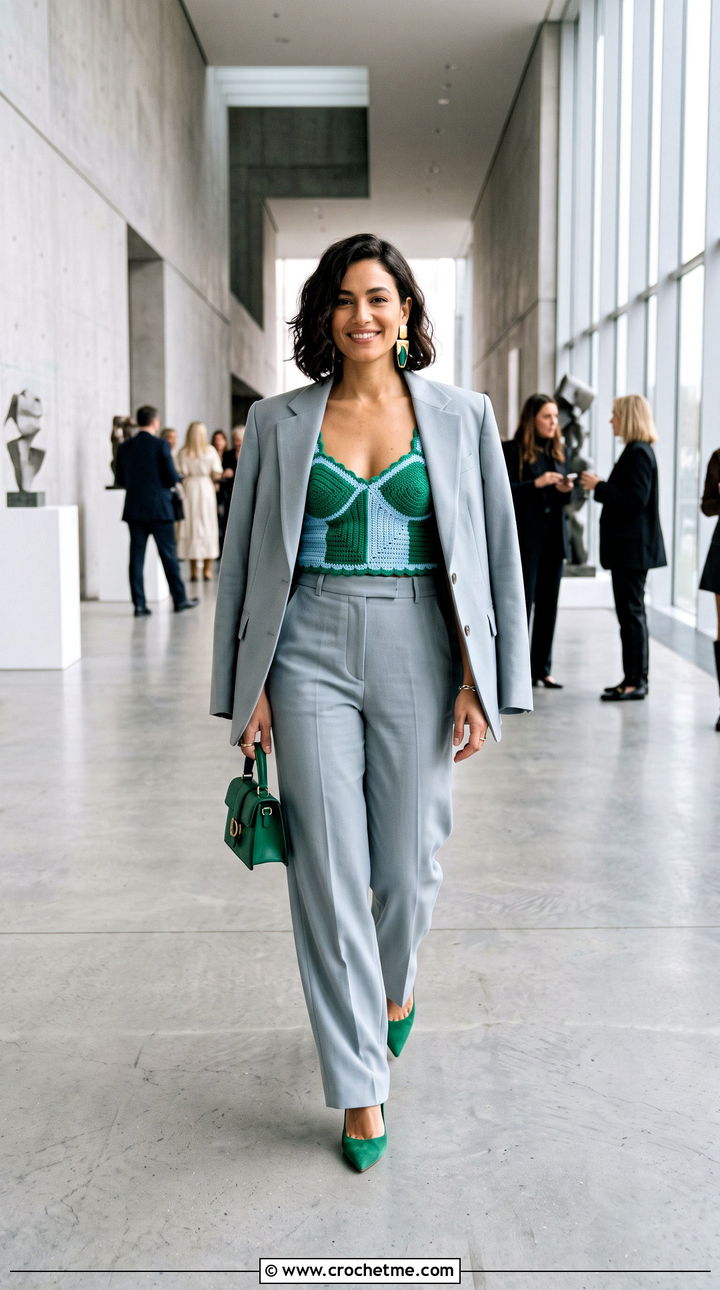 Two Color Crochet Bustier Top With Oversized Suit - 25 two colored crochet top outfit ideas