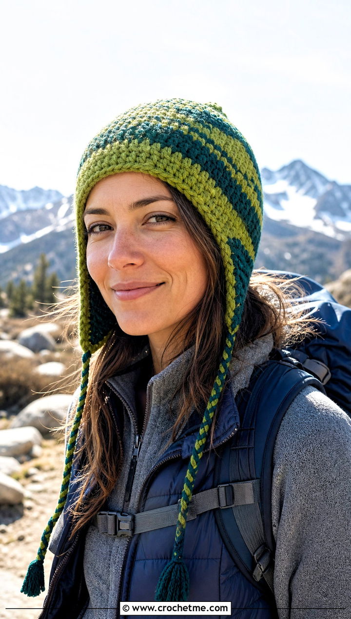 Two Color Crochet Earflap Hat With Hiking Outfit - 30 two color crochet hat outfit ideas
