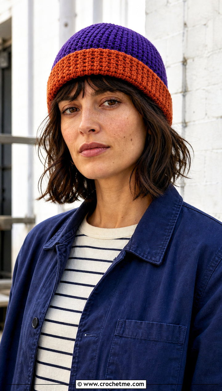 Two Color Crochet Fisherman Beanie With Chore Jacket - 30 Two Colors Crochet Hat outfit ideas