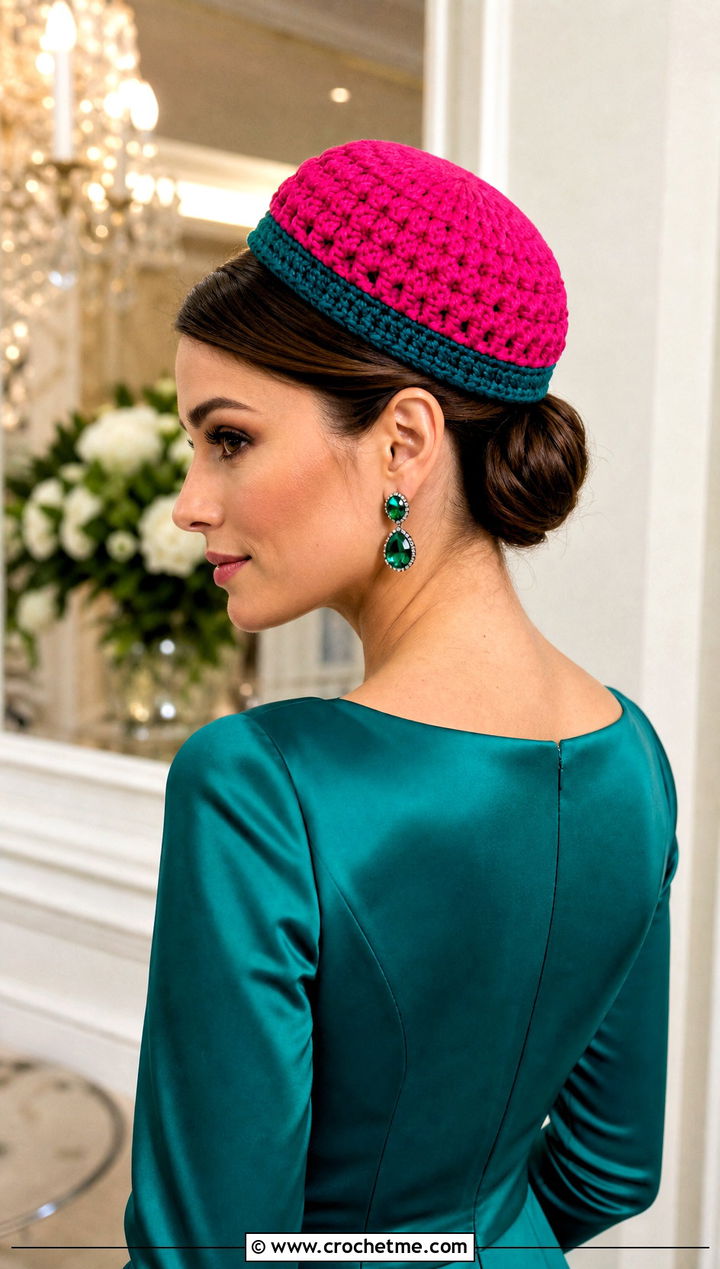 Two Color Crochet Pillbox Hat With Satin Midi Dress - 30 two color crochet hat outfit ideas
