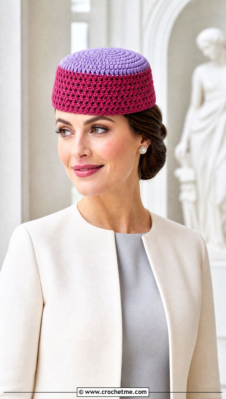 Two Color Crochet Pillbox Hat With Shift Dress - 30 Two Colors Crochet Hat outfit ideas