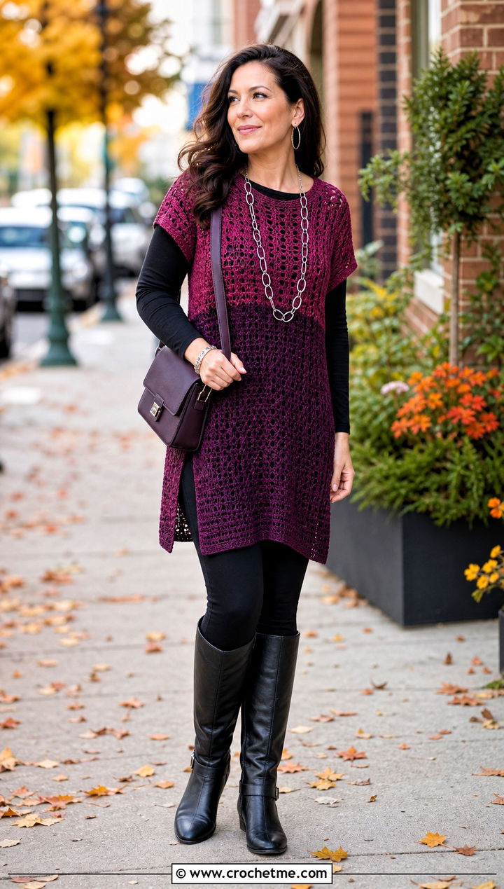 Two Color Crochet Tunic Top With Leggings - 35 two colors crochet top outfit ideas