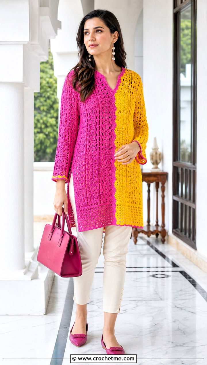 Two Color Crochet Tunic Top With Slim Pants - 25 two colored crochet top outfit ideas